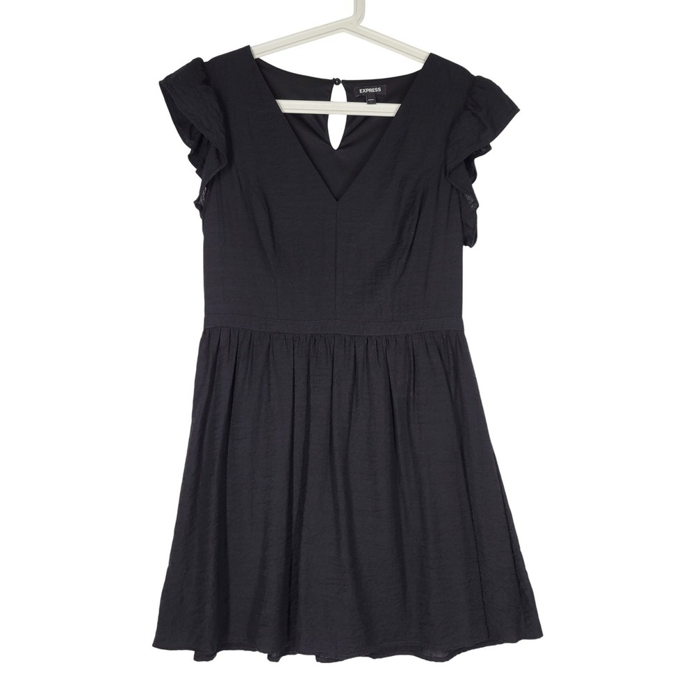 Express Black Ruffle Sleeve Fit and Flare Mini Dress‎ V-Neck LBD Large
